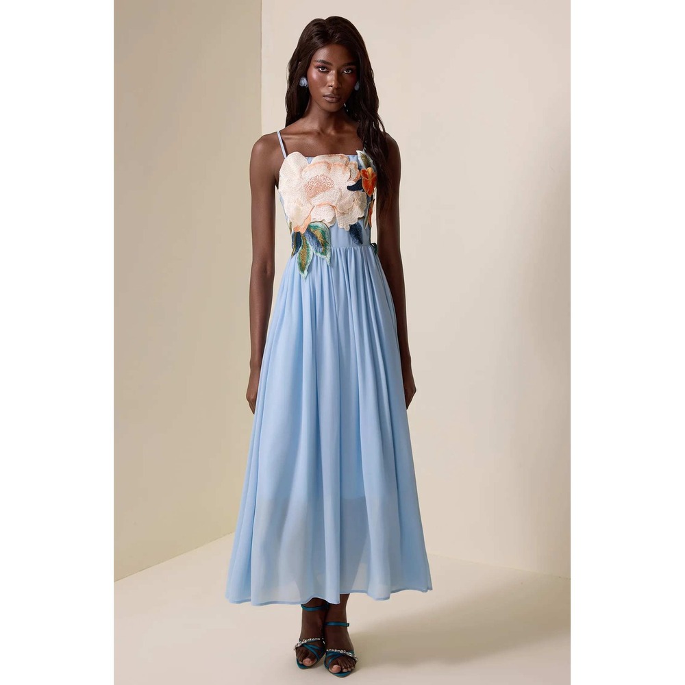 Miss Rosier Applique Floral Midi Dress Blue Size S New